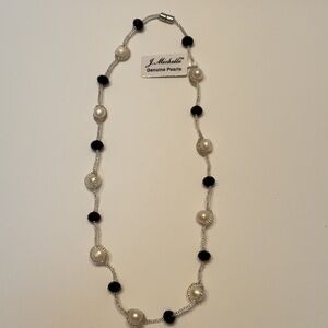J. Michelle Genuine Pearl & Black Beaded 18”Necklace w/ Clear Beads Contemporary